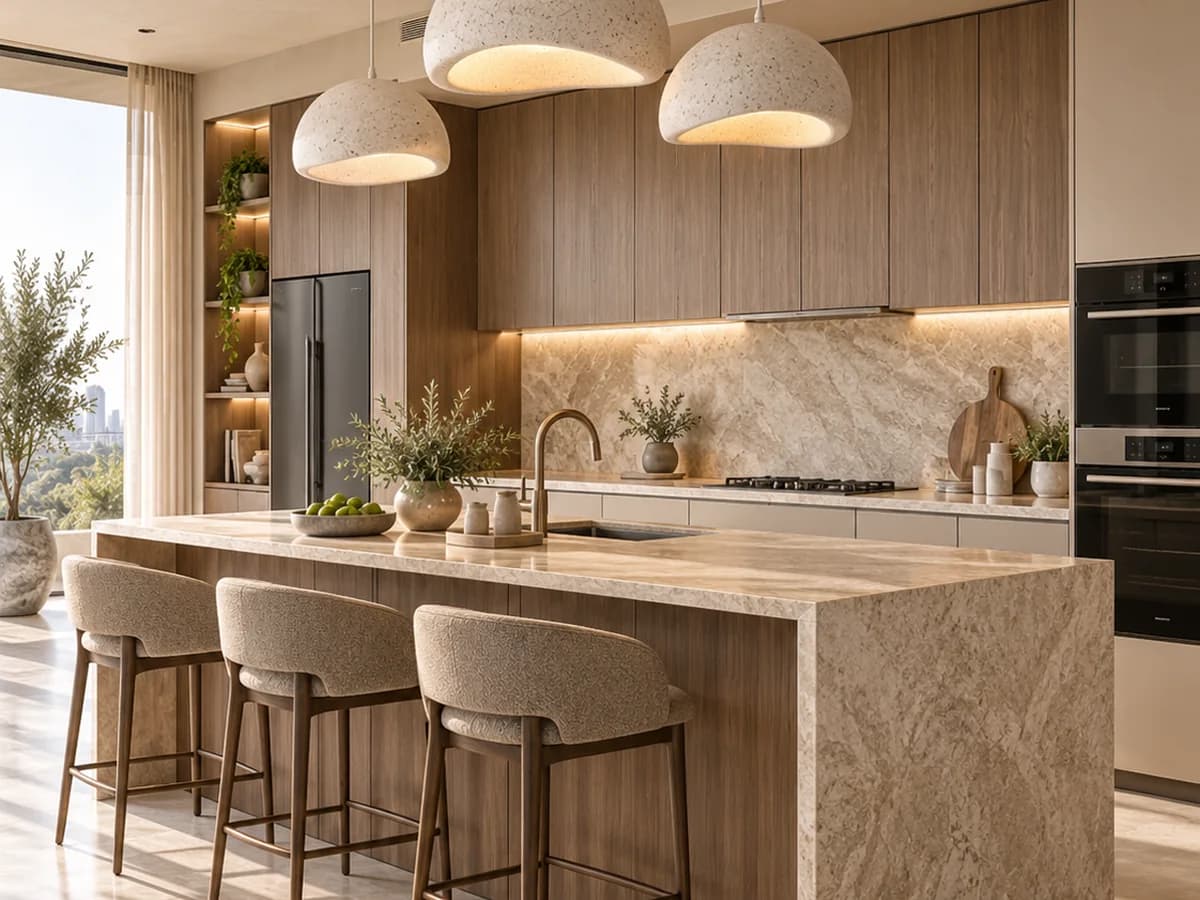 Modular kitchen with timber cabinetry, a veined stone island and breakfast stools, lit by three stone pendant lights