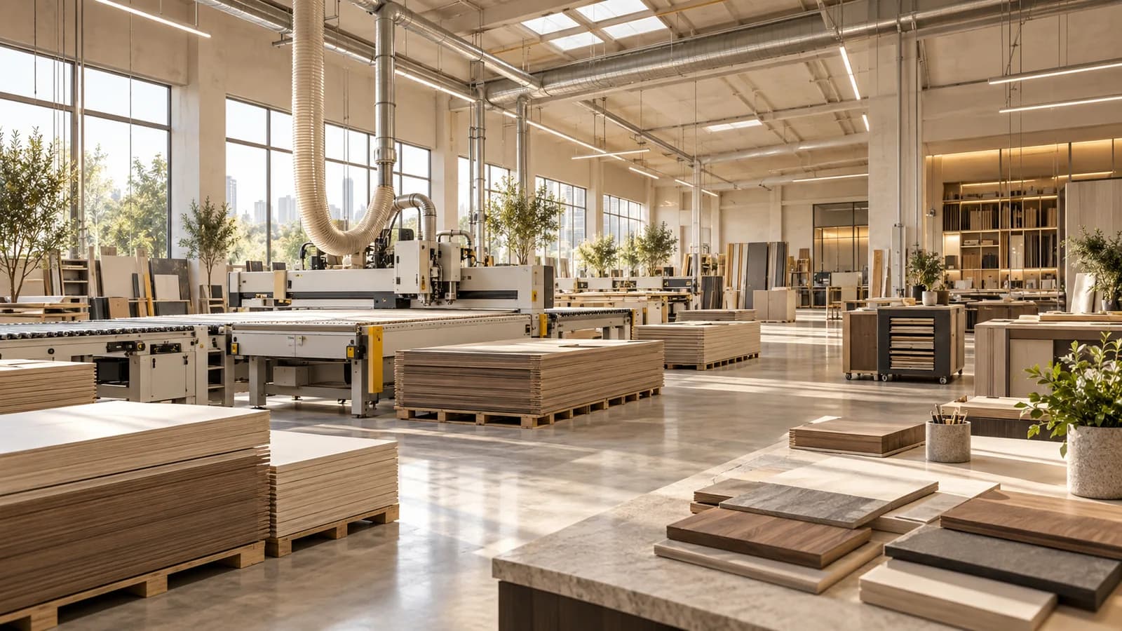 Representative joinery workshop: a panel saw, stacked sheet material on pallets and finish samples laid out on a stone-topped bench